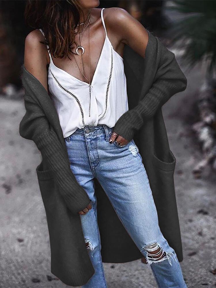 Fashion Cotton Pure Colour Patch Pocket Cardigan