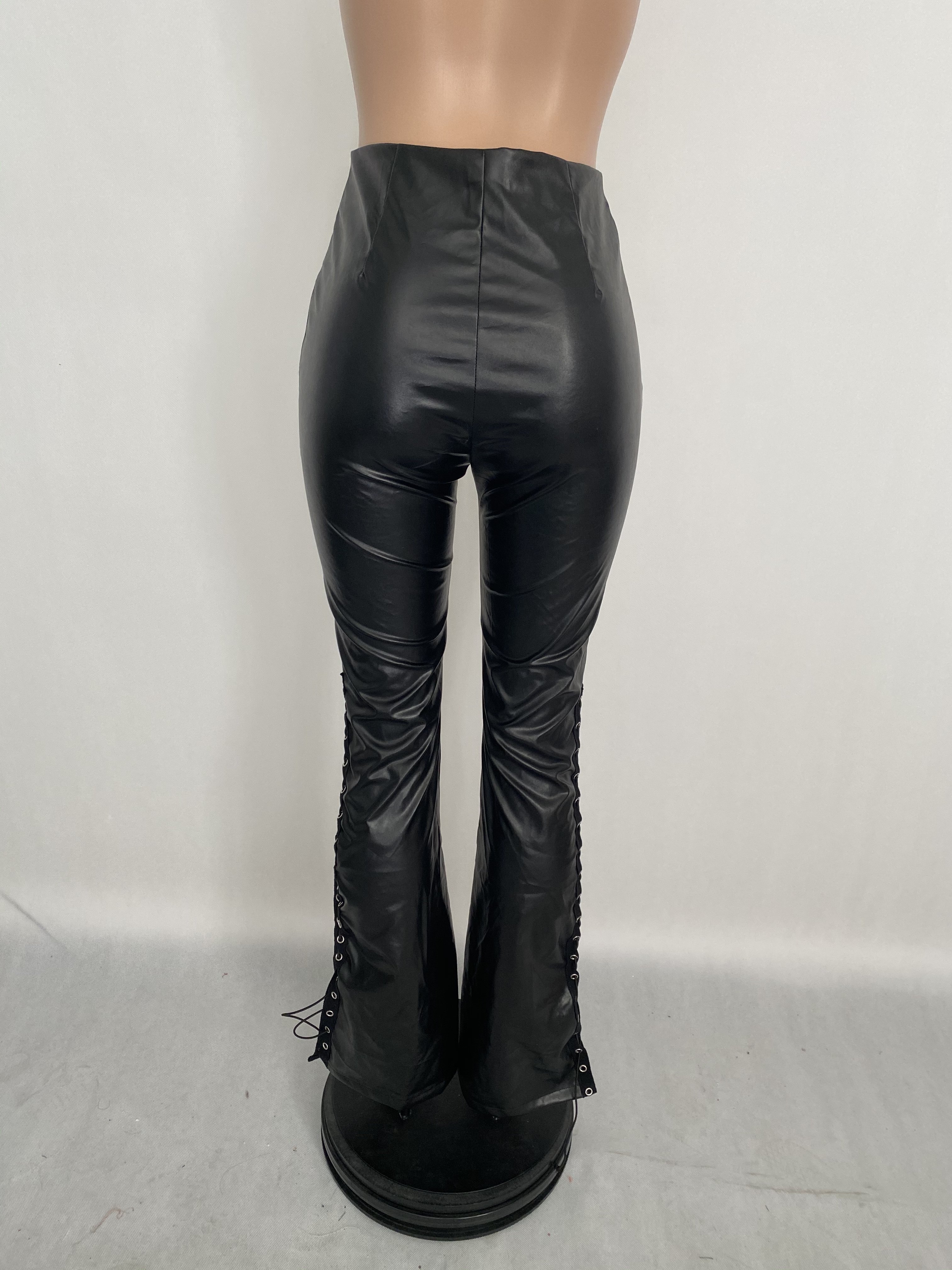 Winter Black Leather Lace-Up Bottom High Waist Wide Trousers
