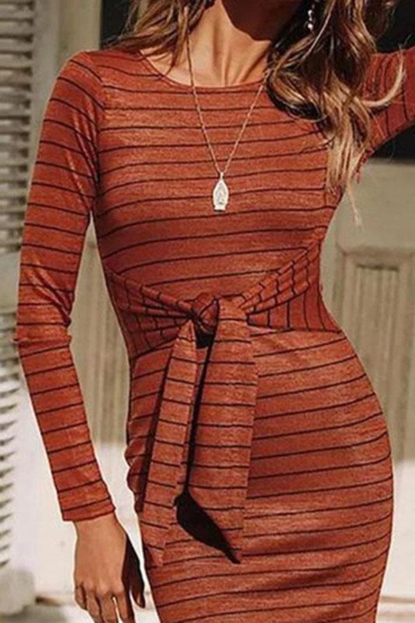 Round Neck  Belt Loops  Striped  Long Sleeve Bodycon Dresses
