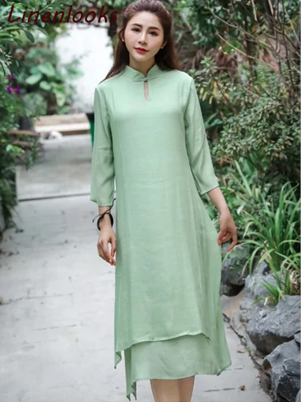Asymmetrical Vintage white green cotton linen dress