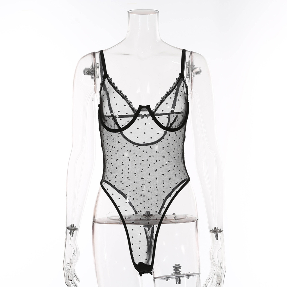 Sexy Black Dot See Through Strap Bodysuit Lingerie