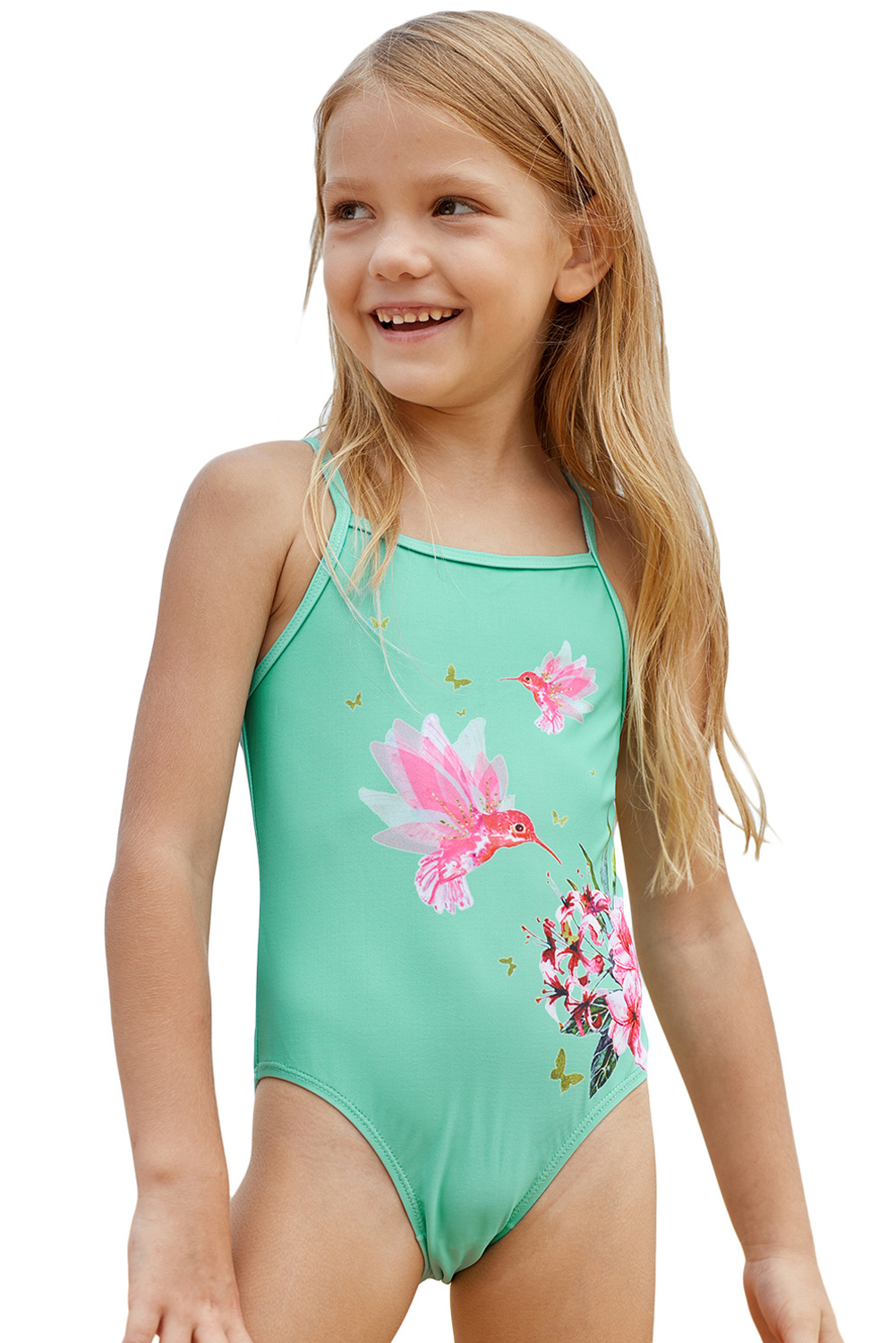 Mint Floral and Birds Little Girls One-piece Swimwear