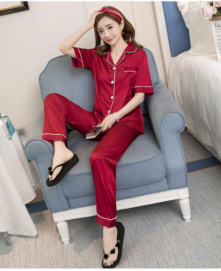 睡衣女士仿真丝夏季短袖长裤开衫少女丝绸 厂家代发 跨境亚马逊