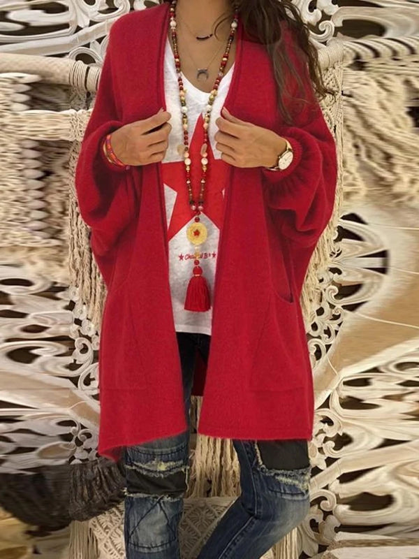 Fashion Long Lantern Sleeve Plain Pocket Cardigans