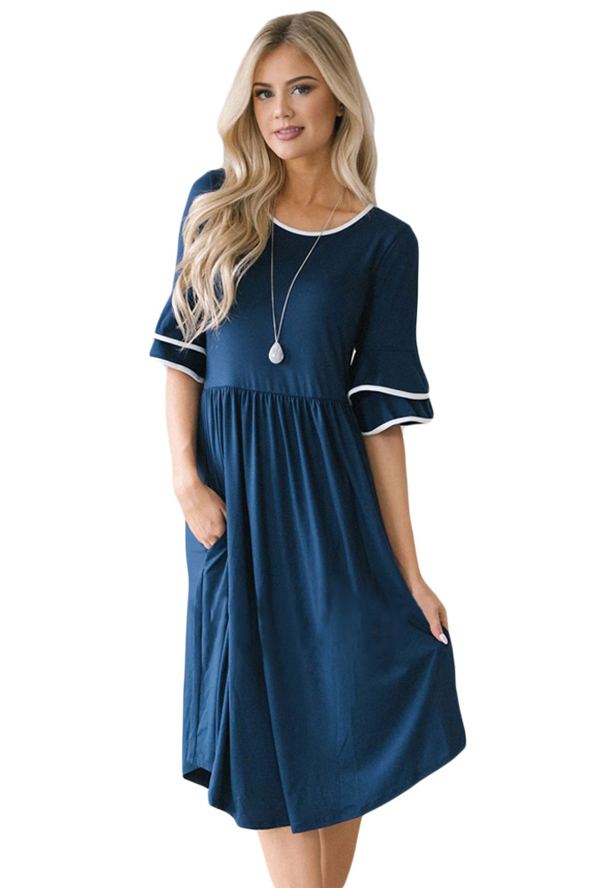 Slate Blue Layered Bell Sleeve Dress