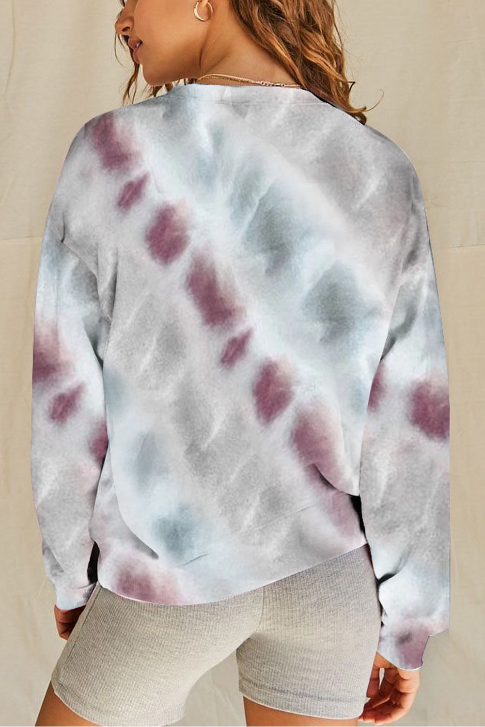 灰色拼色扎染休闲圆领长袖套头卫衣