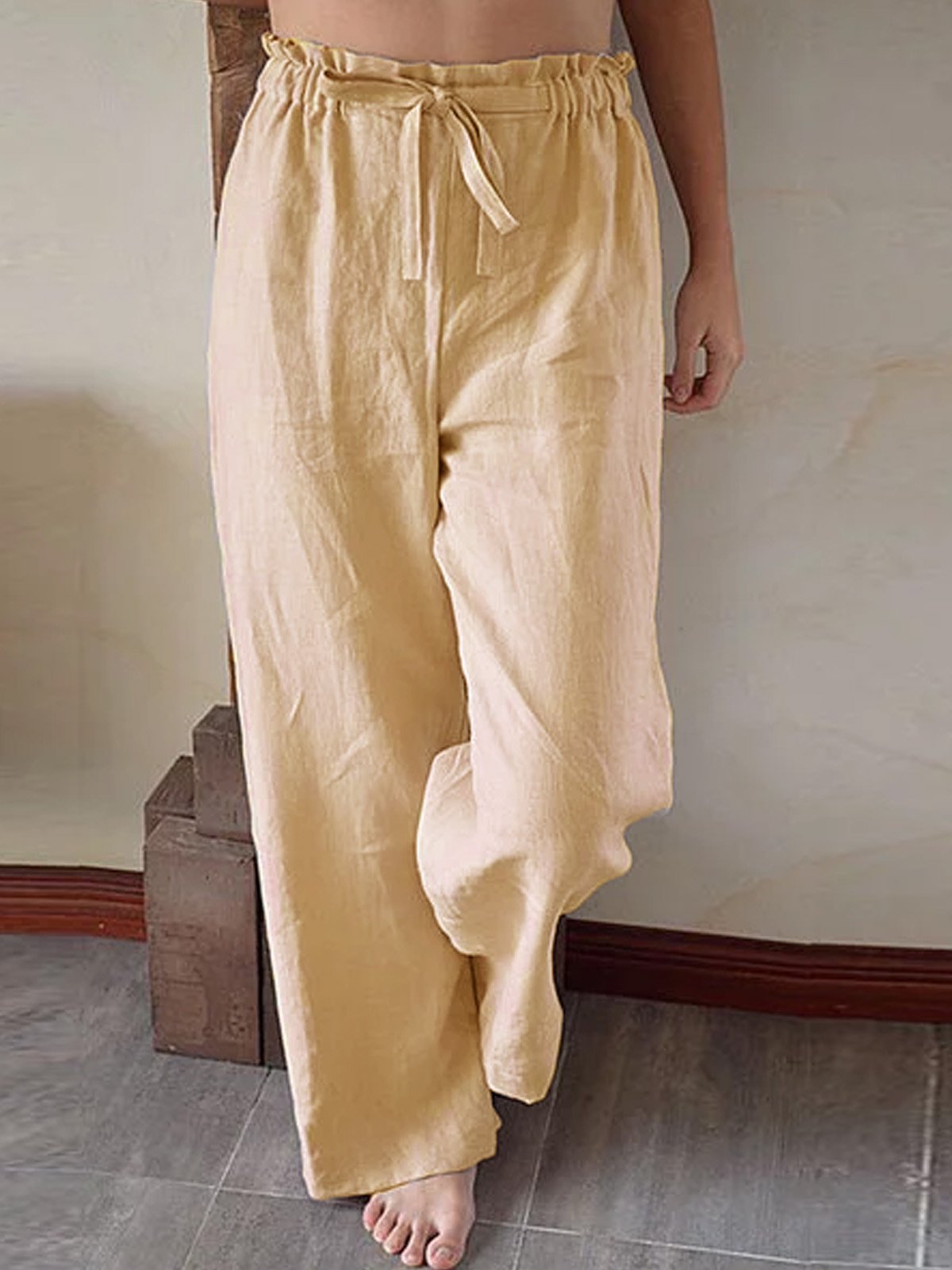 Apricot Solid Cotton-Blend Casual Pants