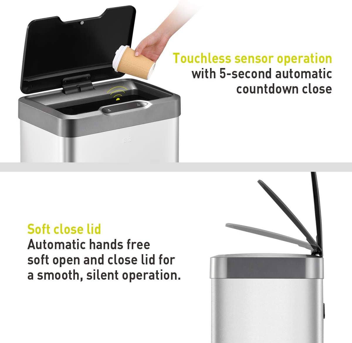 Eko Mirage-T 50 LITER / 13.2 Gallon Rectangular Motion Sensor Trash Can, Brushed Stainless Steel Finish