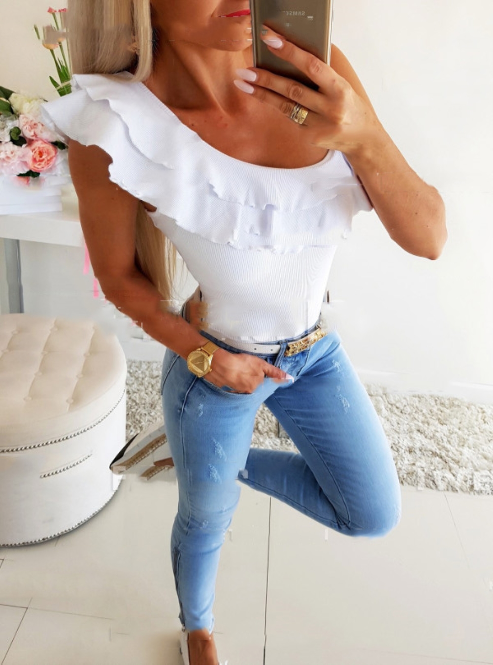Summer White Round Neck Ruffle Shirt
