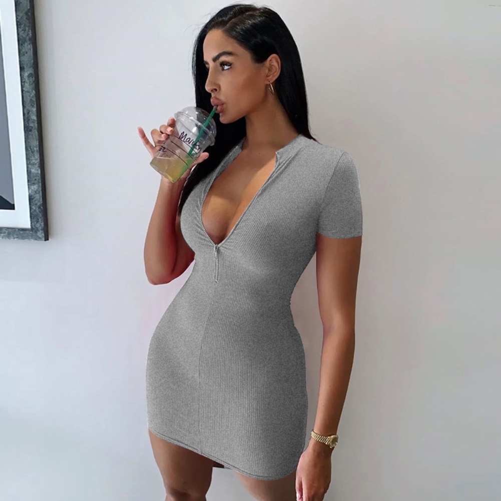 Casual Knitted Short Sleeve Zipper Mini Dress