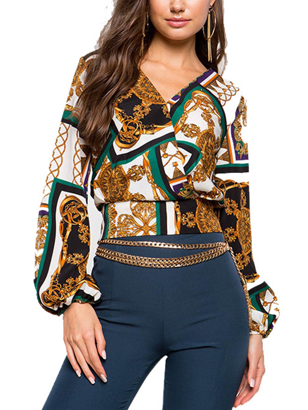 Blue V Neck Casual Shirts & Tops