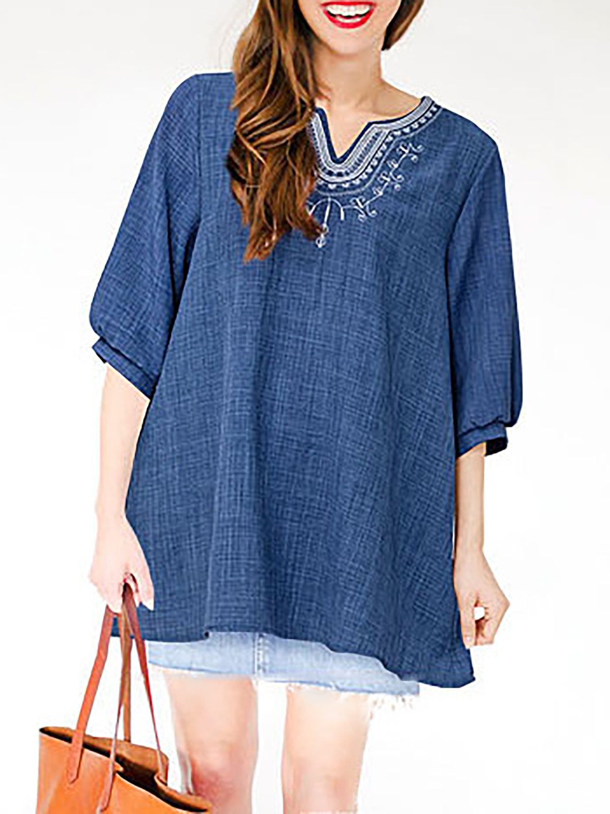 V neck Elegant Embroidered Half Sleeve Plus Size Blouse