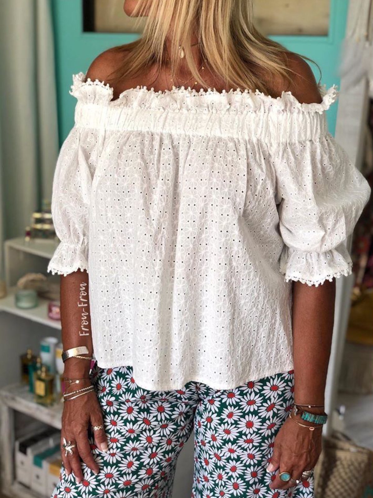 White Off Shoulder Cotton Boho Cutout Shirts & Tops