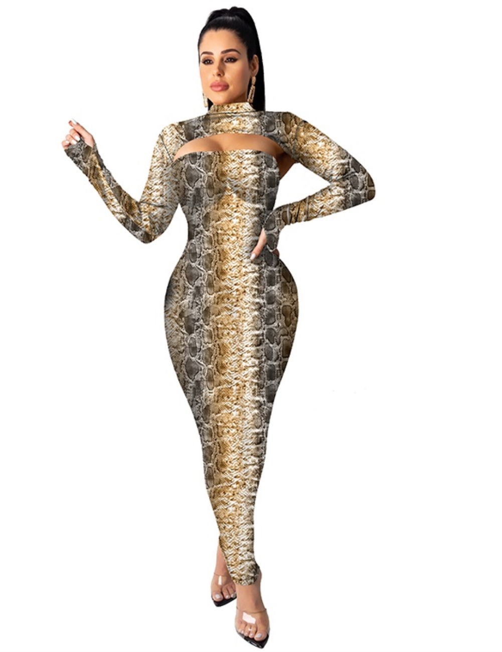 Print Sexy Cut Out Long Curvy Dress with Full Sleeves