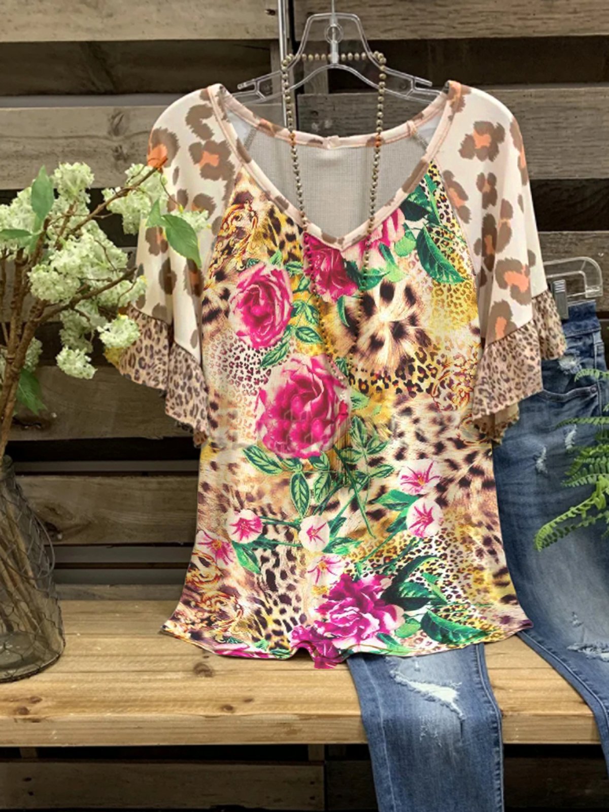 Casual Leopard Flower Short Sleeve Shirts & Tops