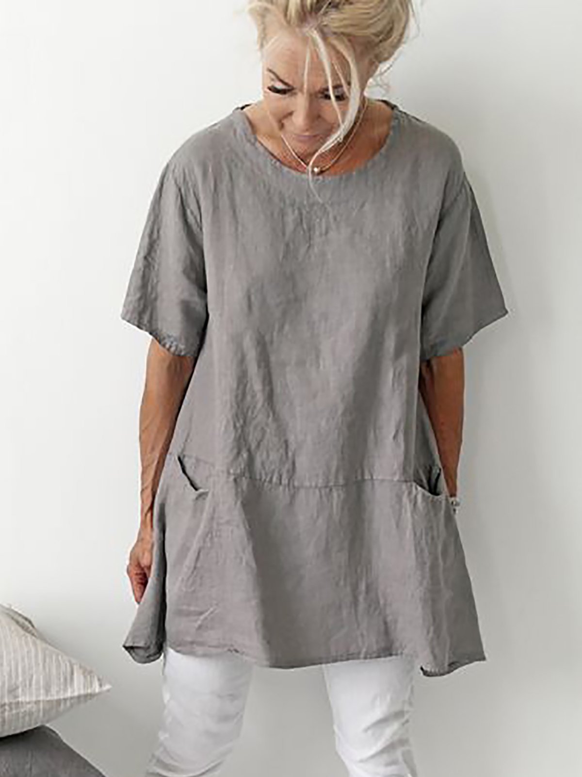 Short Sleeve Crew Neck Pockets Shirts Daily Plus Size Tops