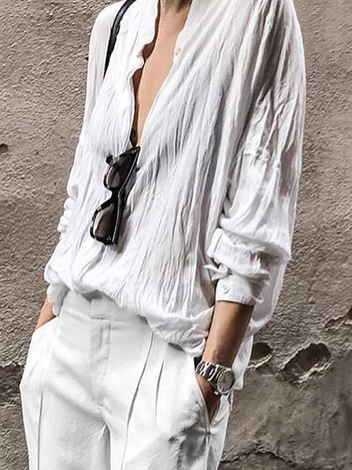 Solid V Neck Casual Cotton-Blend Shirts & Tops