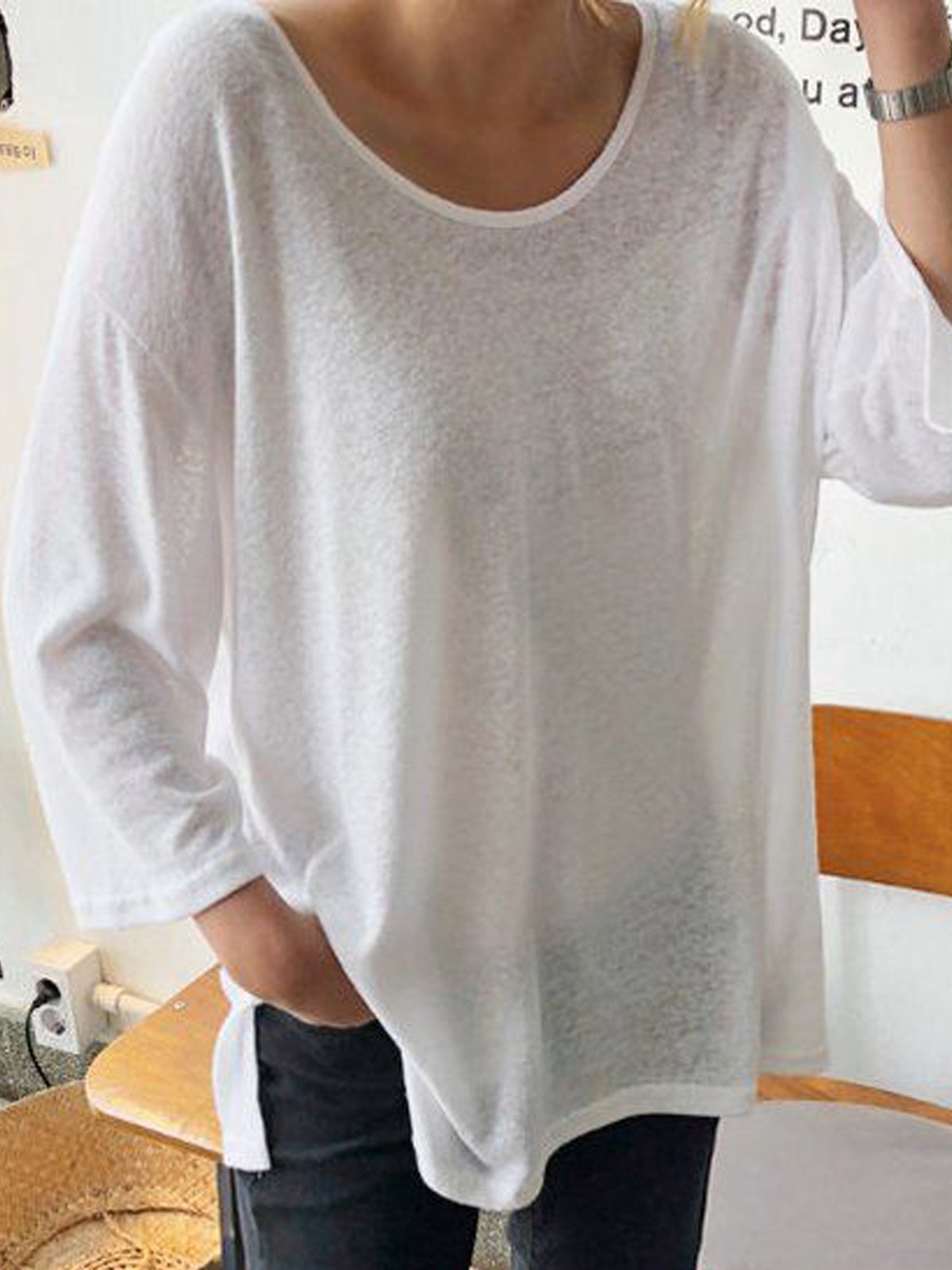 White Crew Neck Long Sleeve Cotton Plain Shirts & Tops