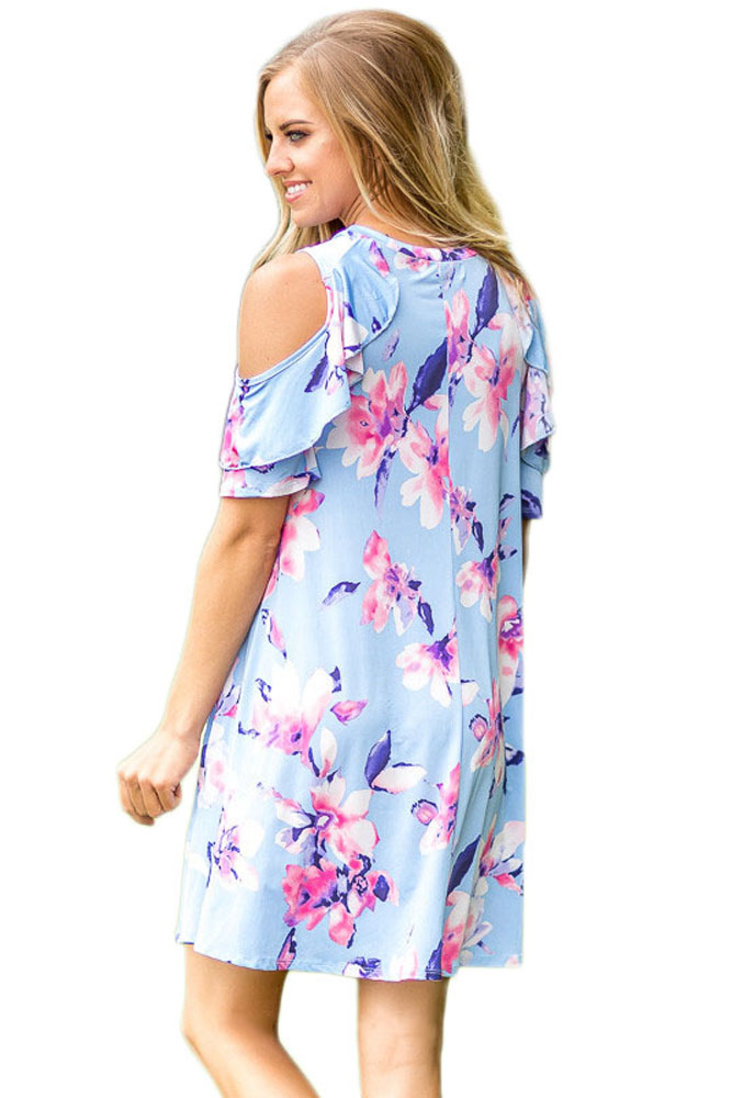 Ruffled Cold Shoulder Light Blue Floral Dress