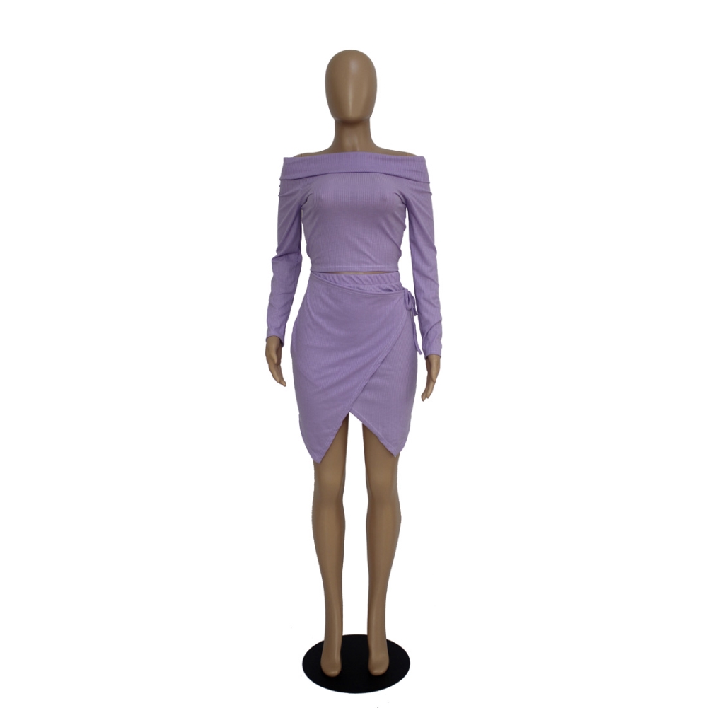 Solid Color Sexy Crop Top and Wrapped Skirt