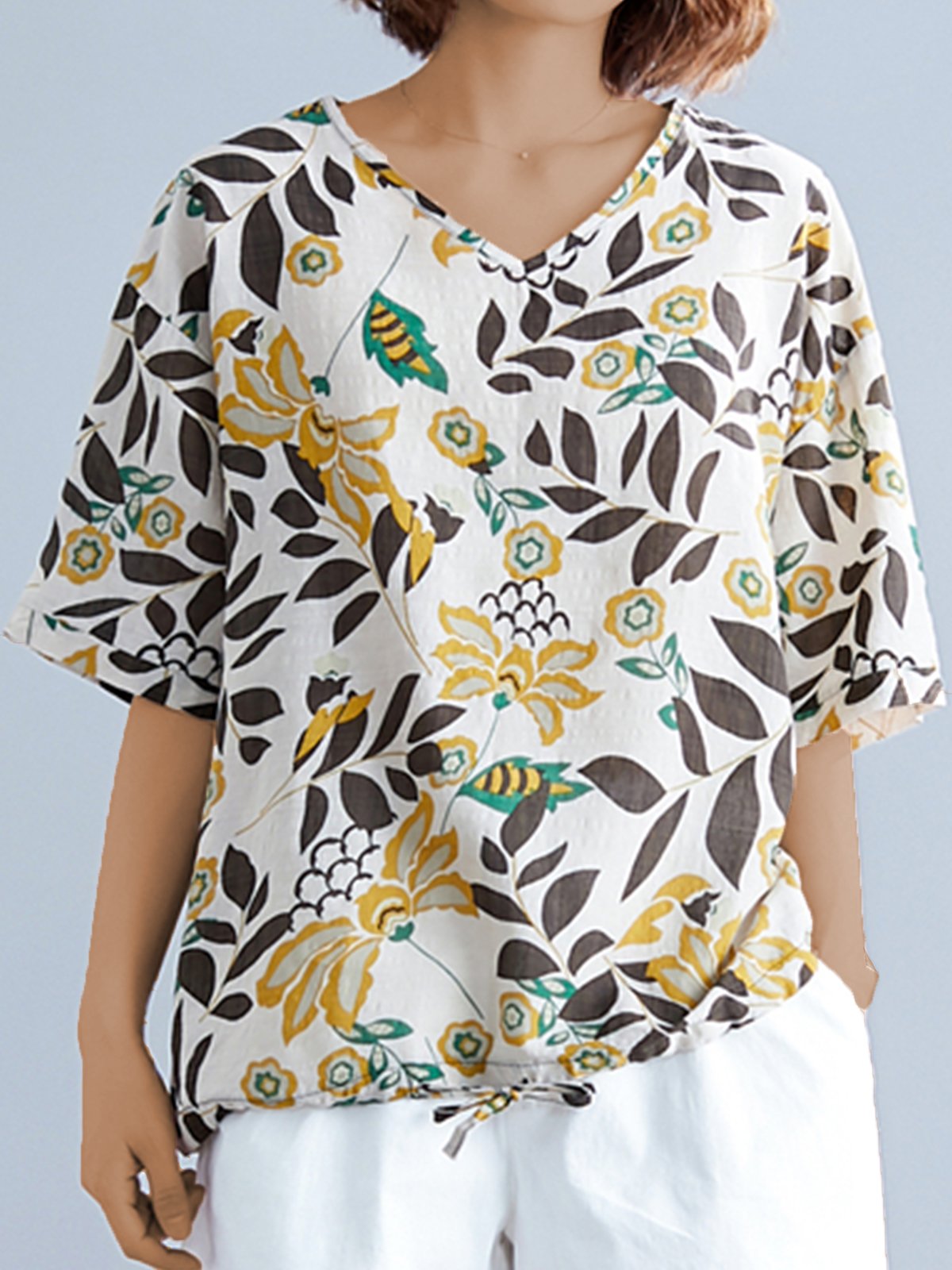 Plus Size Women Short Sleeve V Neck Vintage Leaf Floral Casual Tops