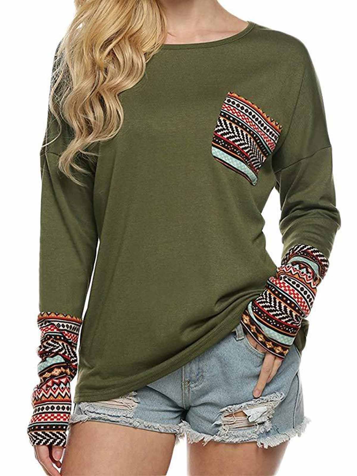 Women's Long Sleeve O-Neck Patchwork Casual Loose Blouse With Thumb Holes