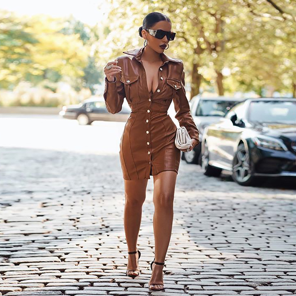 Winter Khaki Leather Cut Out Back Mini Club Dress