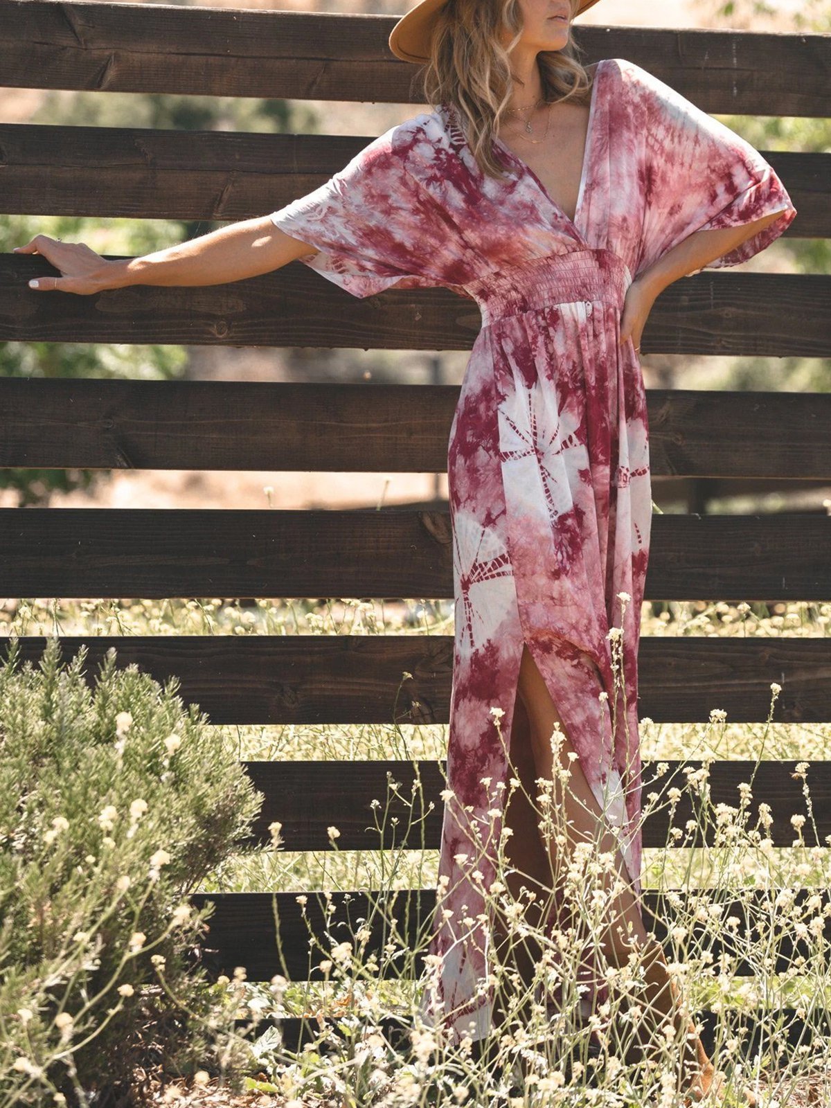 Casual western style plus size loose tie dye large V-neck short sleeve dress