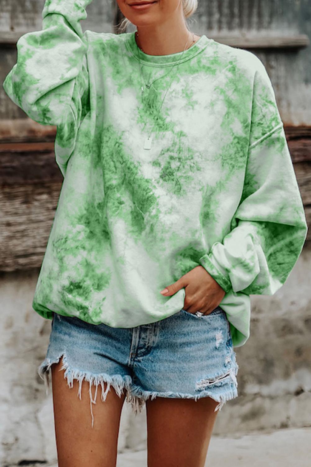 Green Tie-dyed Round Neck Sweatshirt
