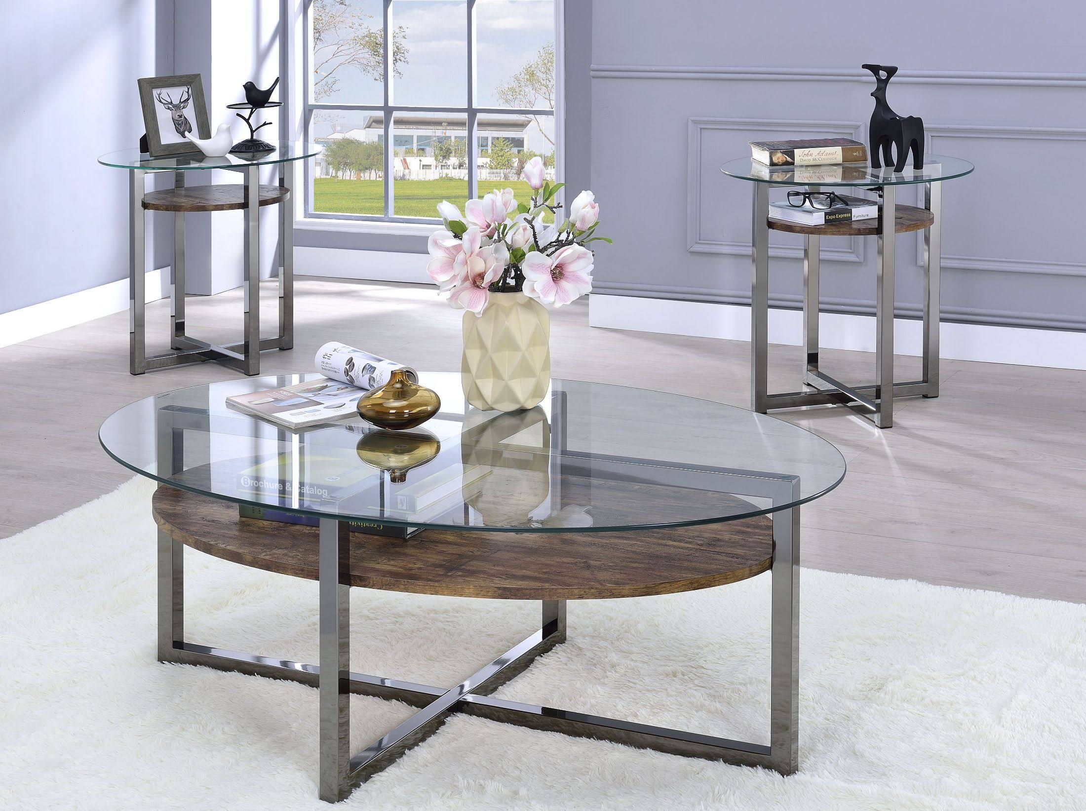 Acme Janette End Table Weathered Oak Black Nickel Glass