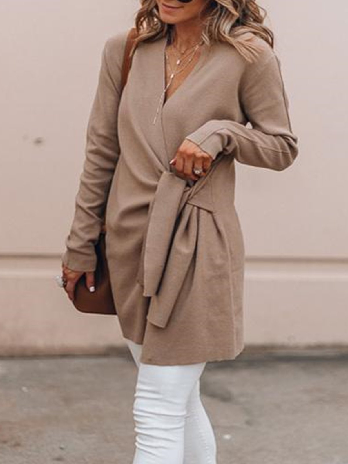 Khaki V Neck Solid Casual Outerwear