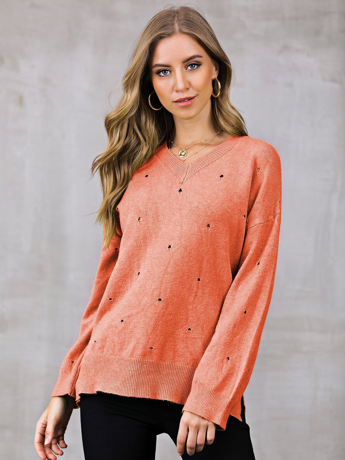 Eyelet Shift V Neck Casual Sweaters