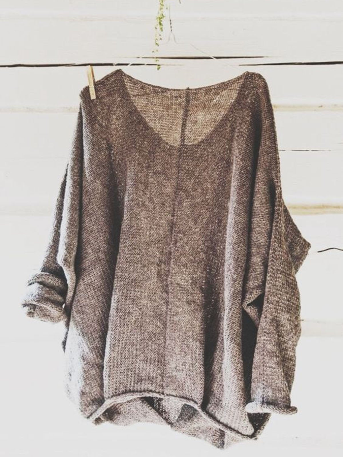 Casual Knitted Long Sleeve V neck Solid Tops