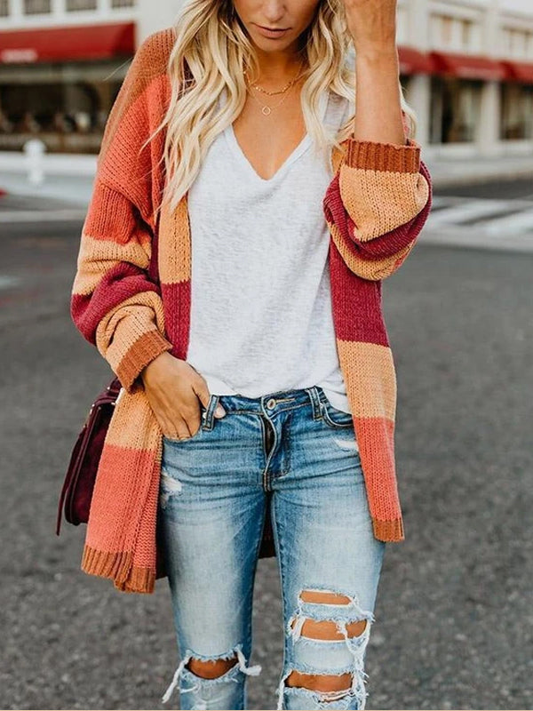 Fashion Color Block Long Sleeve Stripes Cardigans