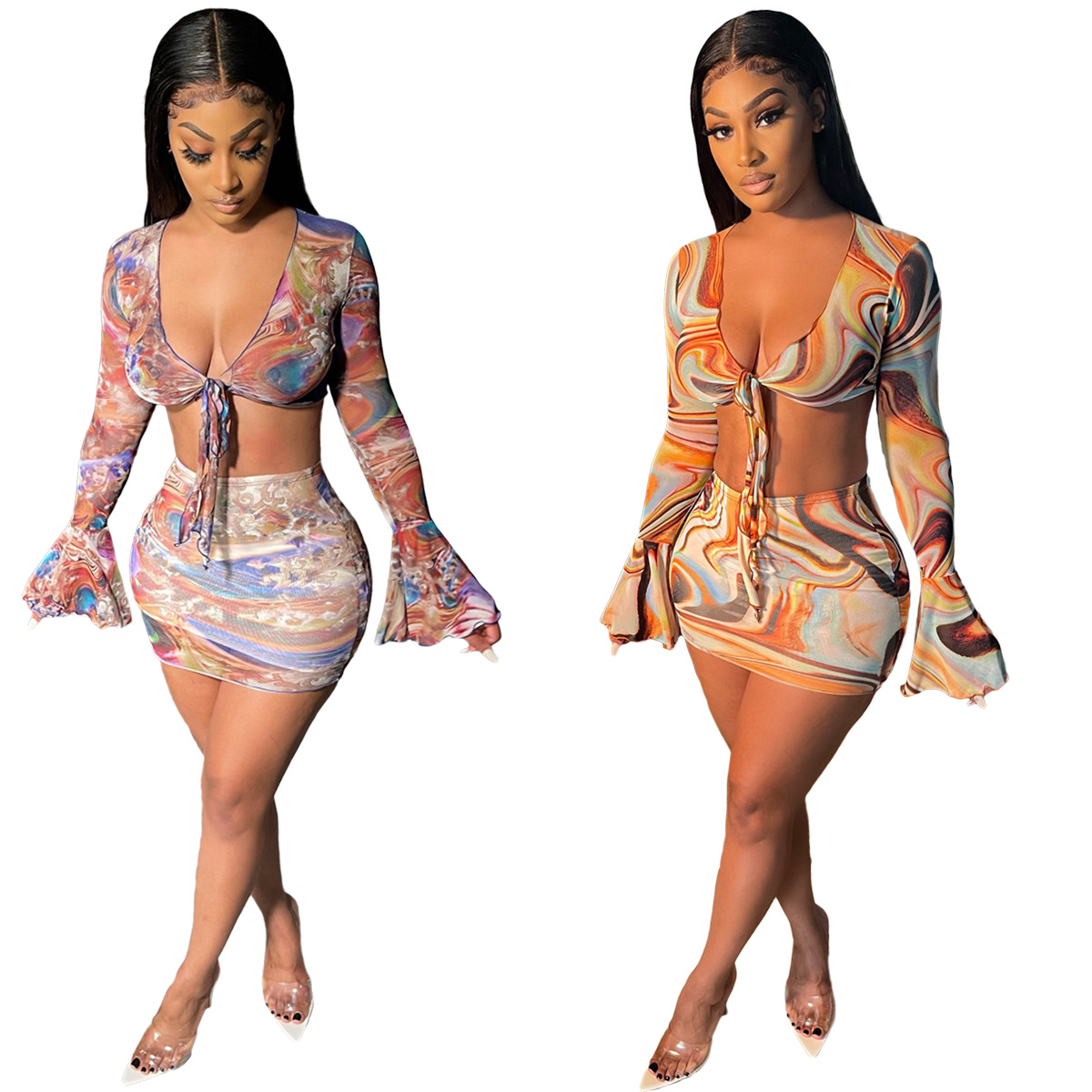 Mesh print beach sexy flared sleeve suit LML215