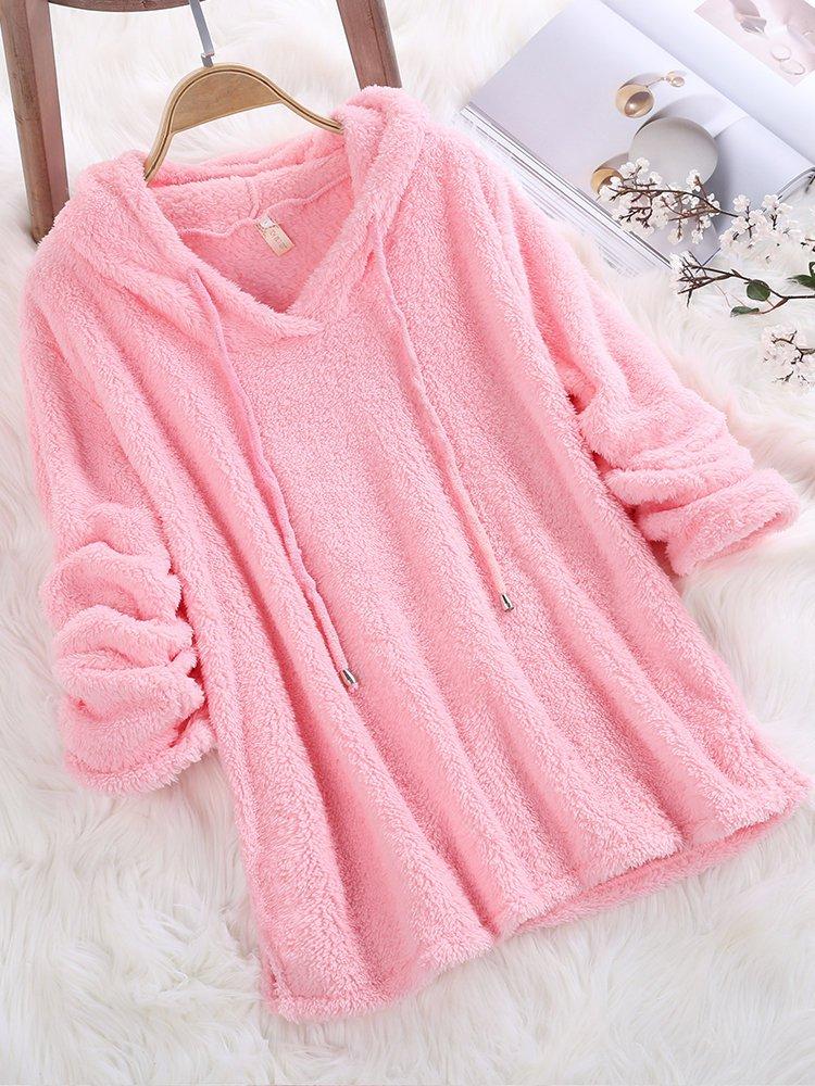 Women Winter a Long Hooded Sweatshirt Mohair Solid Color