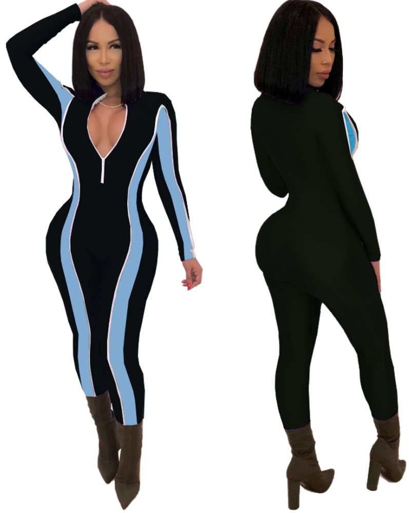 Color Block Long Sleeve Bodycon Zipper Jumpsuit