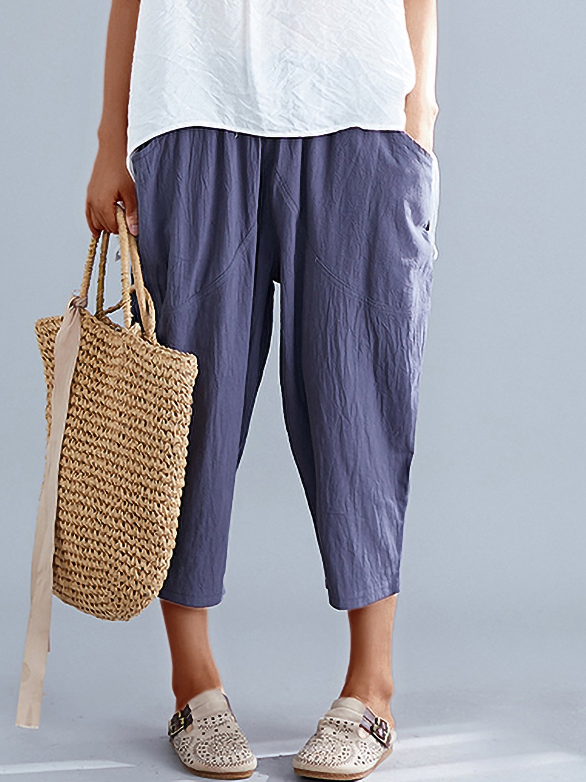 Plus Size Women Elastic Waist Loose Cotton And Linen Solid Casual Harlan Pants