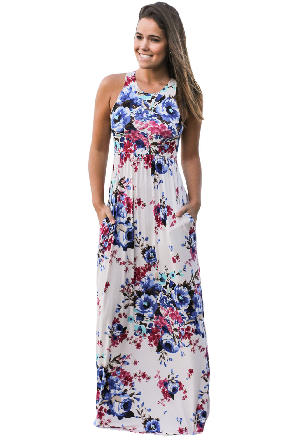 White Floral Print Sleeveless Long Boho Dress