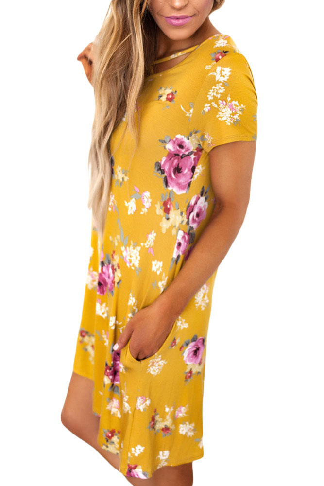 Yellow Cross Strap Neck Summer Floral Dress