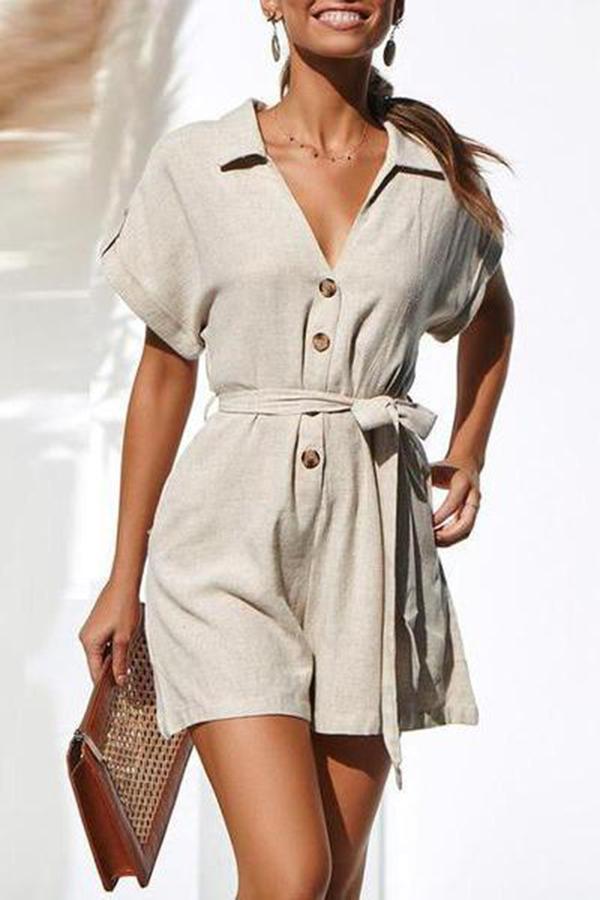 Commuting V Neck Single-Breasted Short Sleeve Belted Jumpsuits