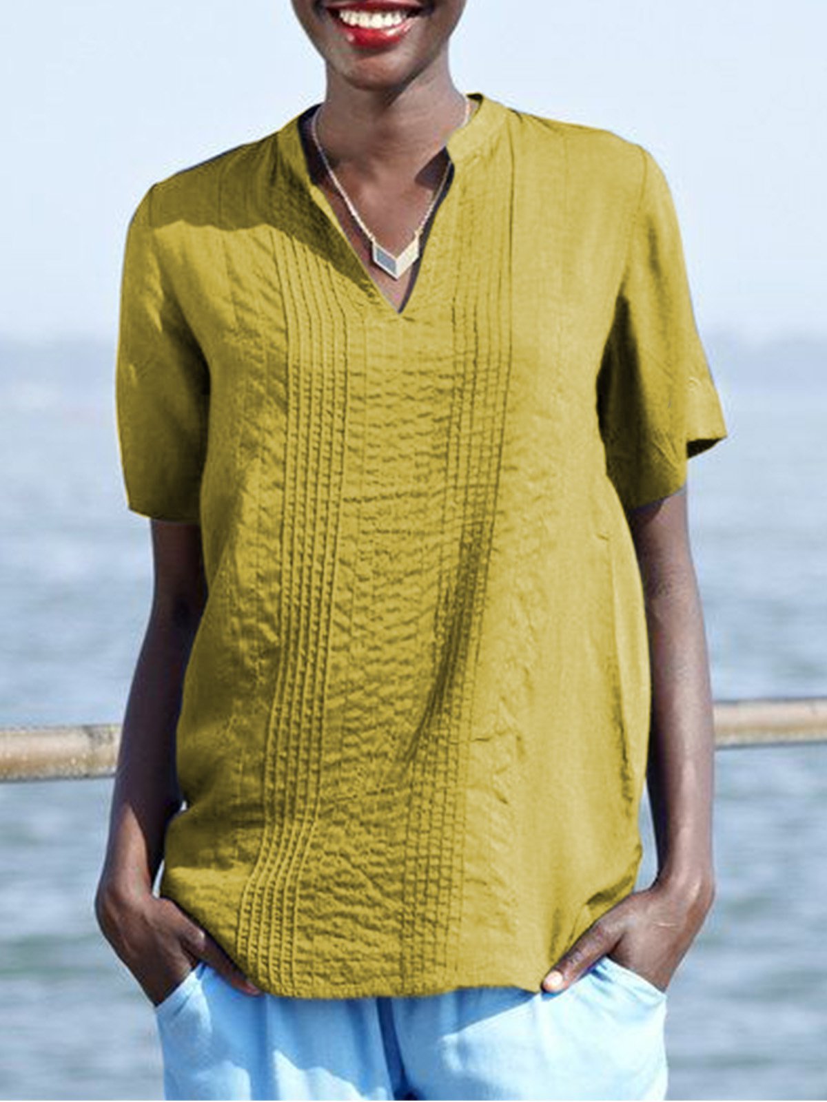 Plus Size Casual V Neck Short Sleeve Solid Tops