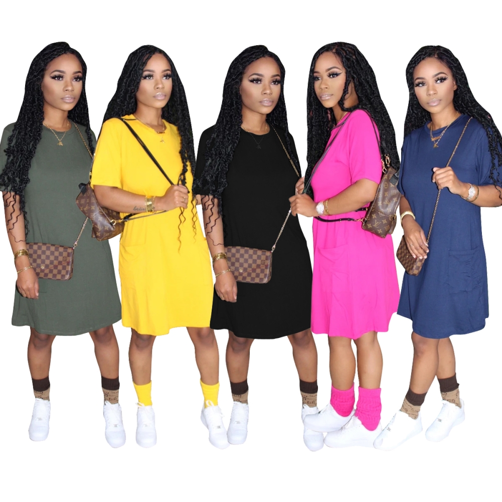 Summer Plain Round Neck Pocket Shirt Dress