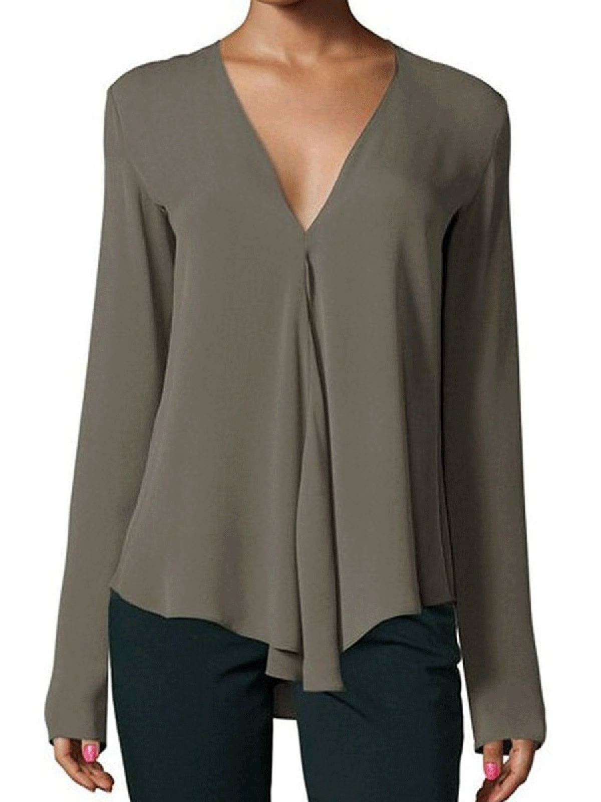 Casual V Neck Solid Blouses