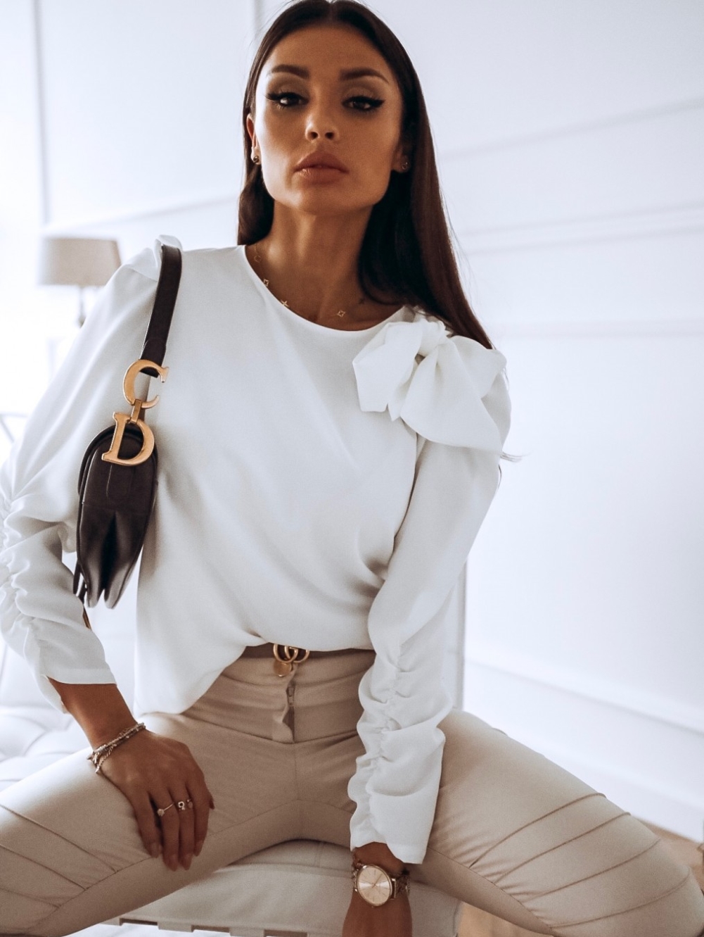 Solid Color Round Neck Shirt with Ruch Sleeves