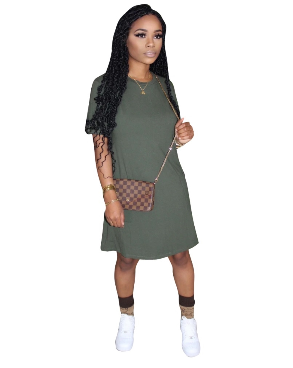 Summer Plain Round Neck Pocket Shirt Dress