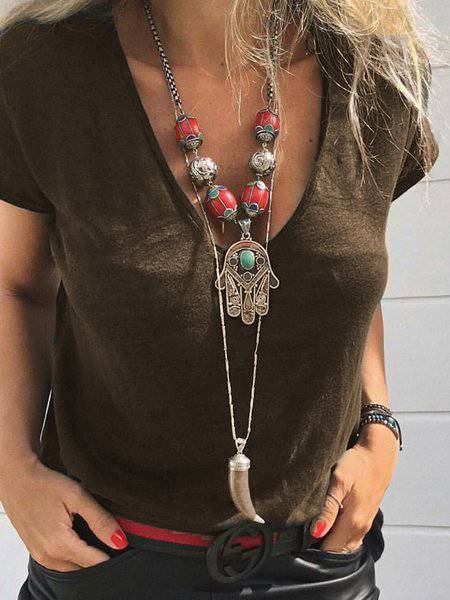 Black Casual V Neck Cotton Shirts & Tops