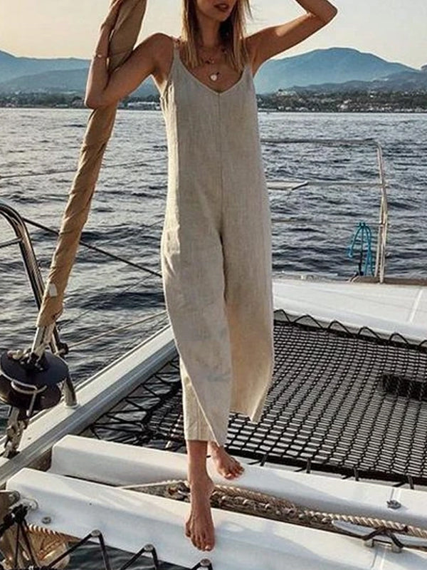 Jumpsuit For Women Loose Casual V Neck Cotton And Linen Wide Leg Jumpsuit