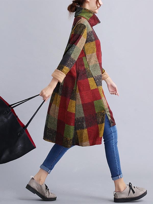 Autumn Winter Casual Plaid Turtleneck Long Sleeve Sweatshirt