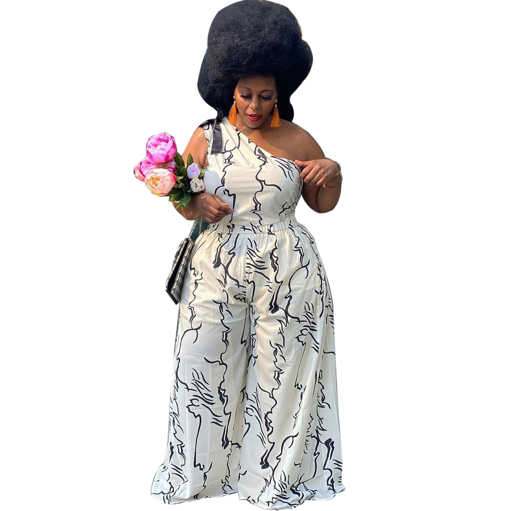 Plus Size Print White One Shoulder Formal Jumpsuit